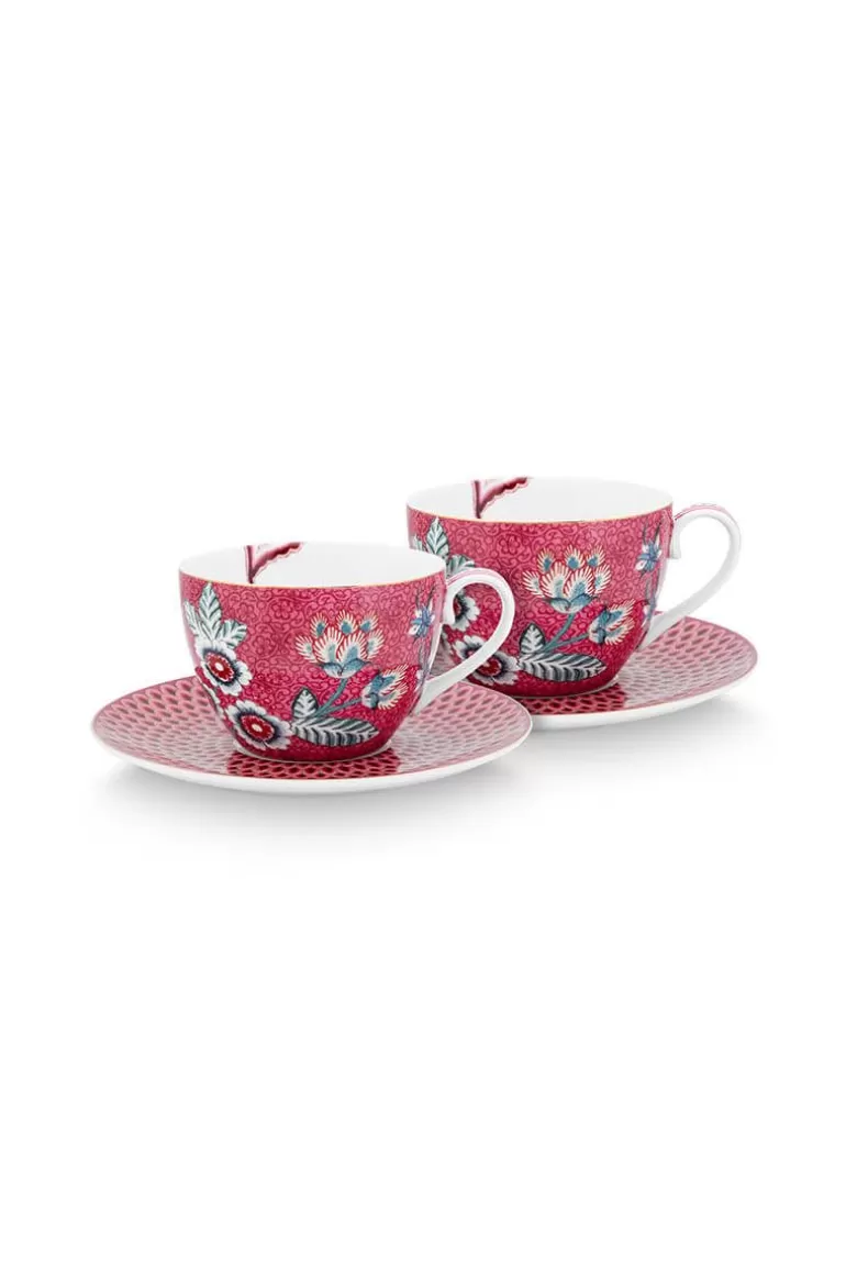 Tasse & Untertasse<Pip Studio Flower Festival Set/2 Cappuccino Tasse & Undertasse Dunkelrosa